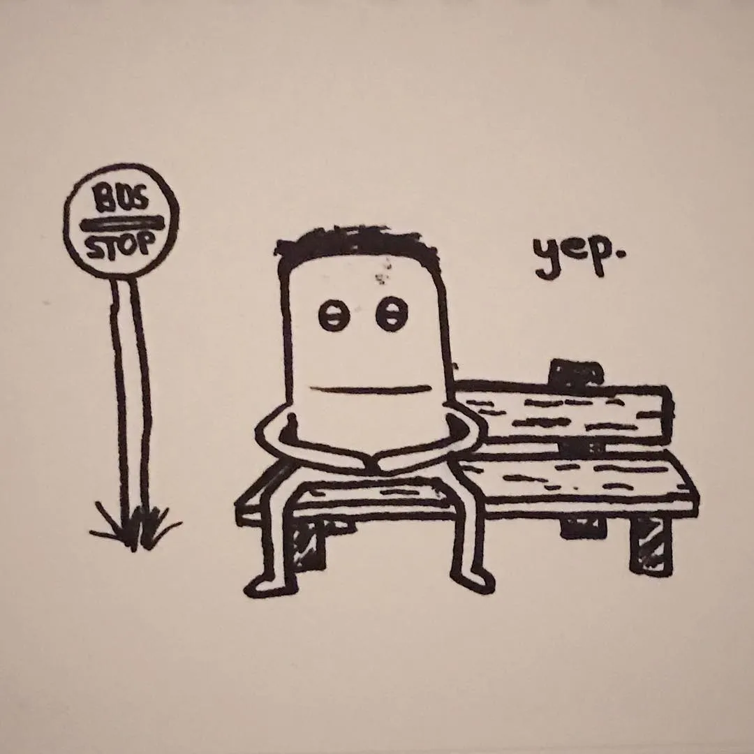 A black line drawing depicts a bus stop sign next to a simple, faceless character sitting on a slatted bench, with the text yep. written above the seating area.