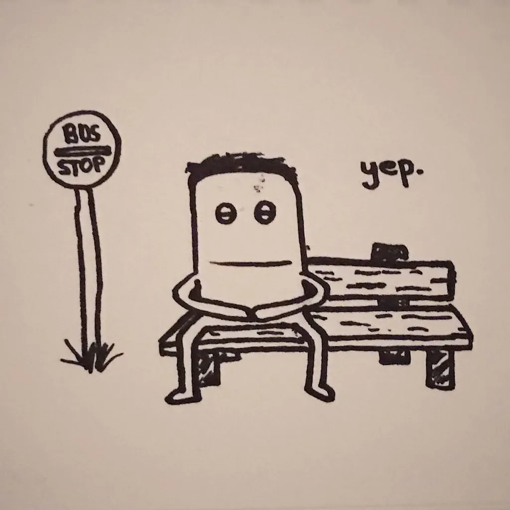 A black line drawing depicts a bus stop sign next to a simple, faceless character sitting on a slatted bench, with the text yep. written above the seating area.