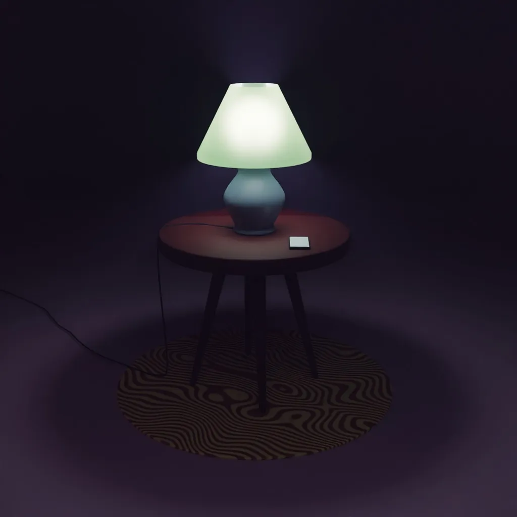 A glowing table lamp sits on a dark round side table, which rests on a patterned mat of wavy yellow and brown lines, all set against a deep purple background.