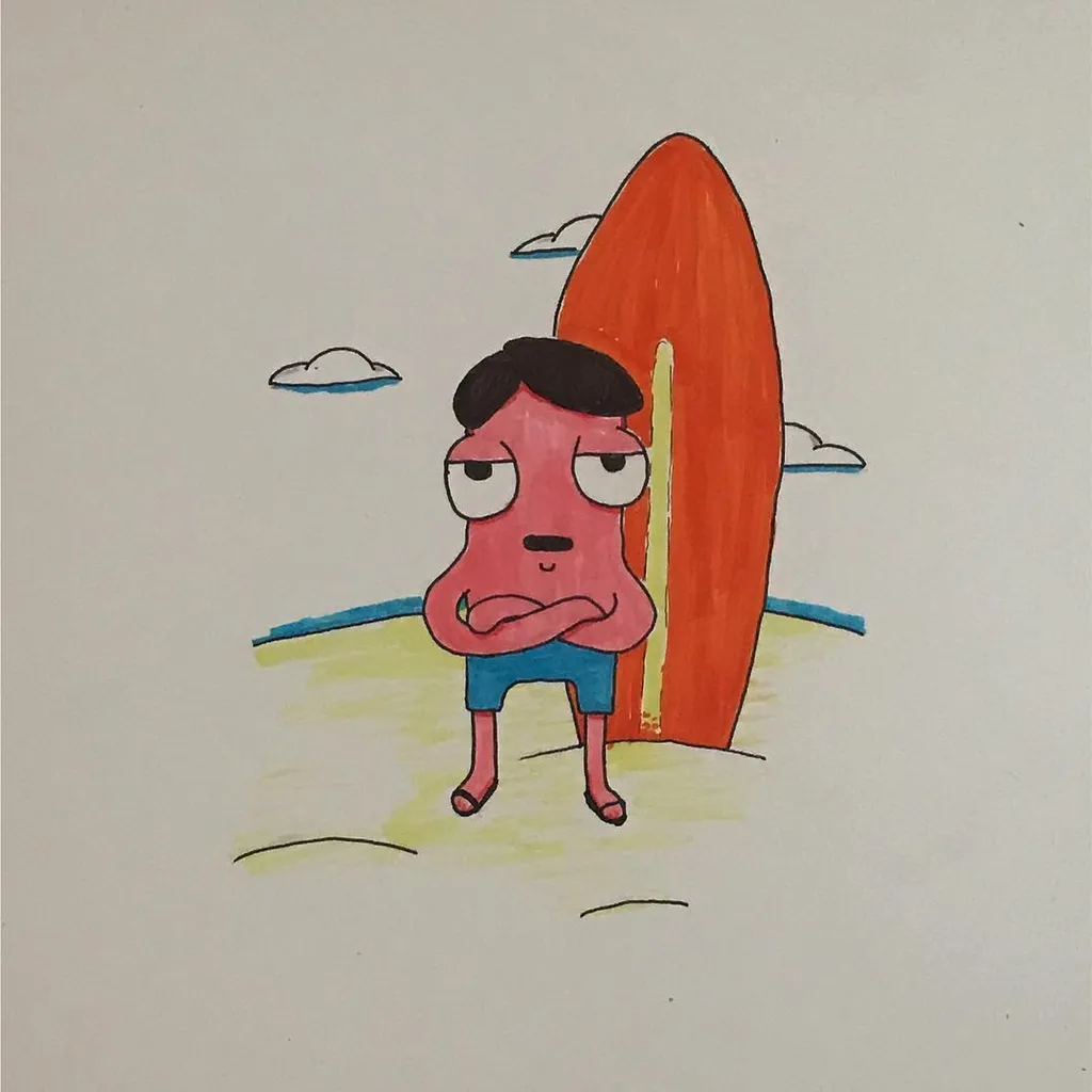A cartoon drawing shows a red-faced figure in blue shorts standing on light ground next to a large orange surfboard, set against a light blue background with small clouds and a blue horizon line.