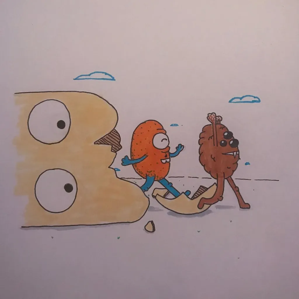 A cartoon composition featuring a large yellow letter B, a small orange character, and a brown textured character, all drawn in simple outlines and standing across the frame.