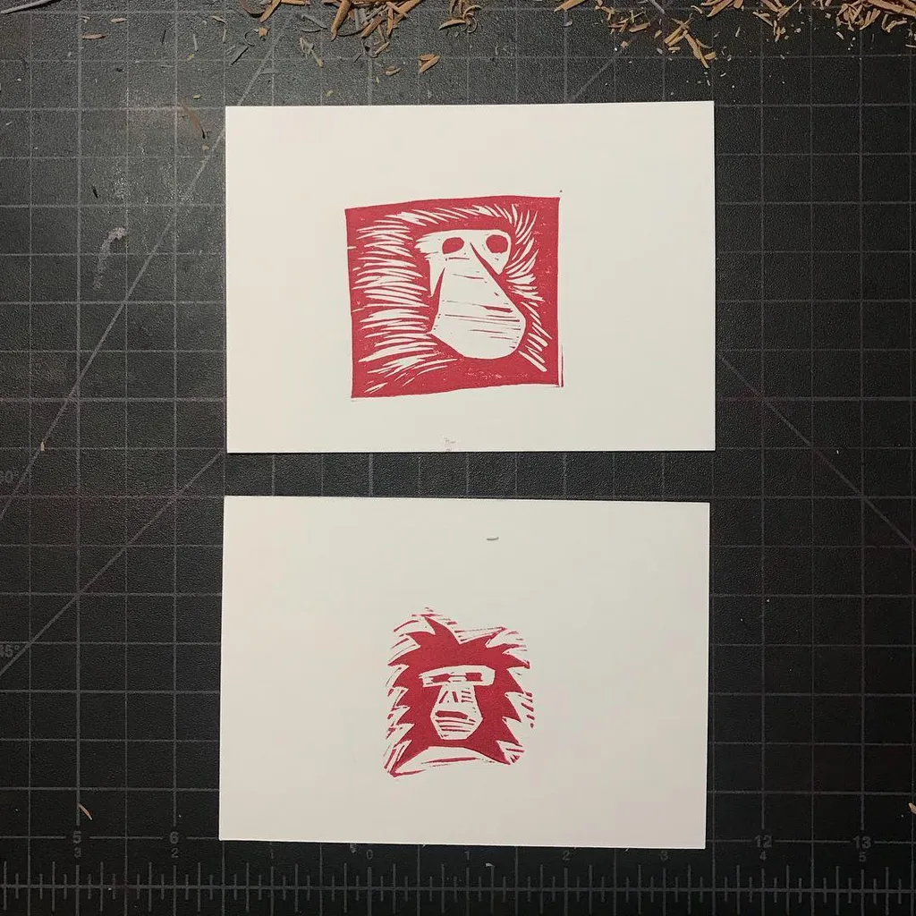 Two stylized red depictions of faces, surrounded by abstract red marks, are displayed on two separate white papers against a dark grid background.