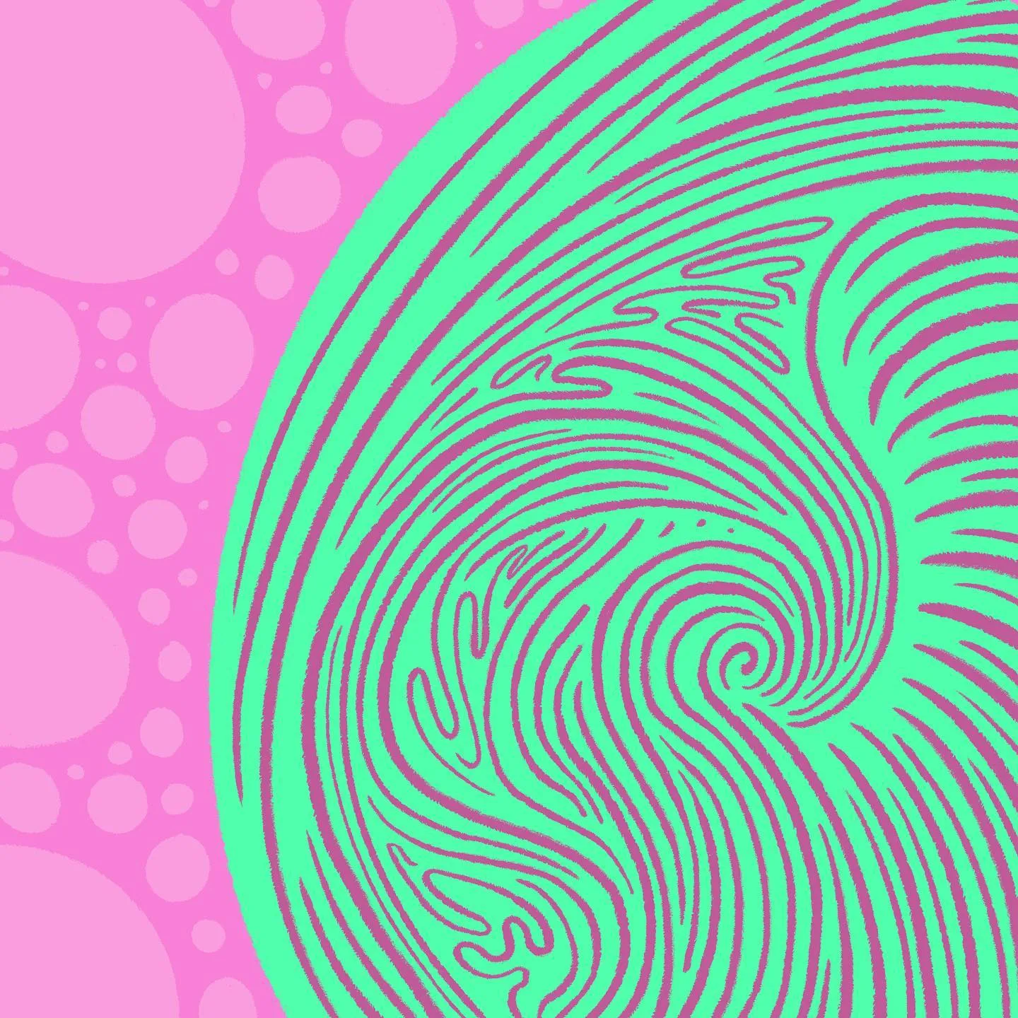 Swirling magenta lines form a vibrant vortex within a lime green circle, set against a bright pink background featuring scattered circles.