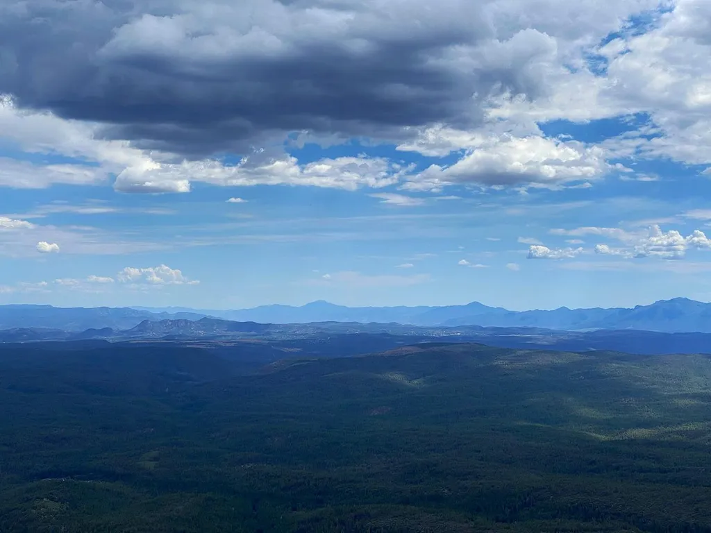 Layered horizontal composition featuring a dark green forest foreground, separated by a pale blue sky and dramatic clouds, above distant hazy mountain ranges.
