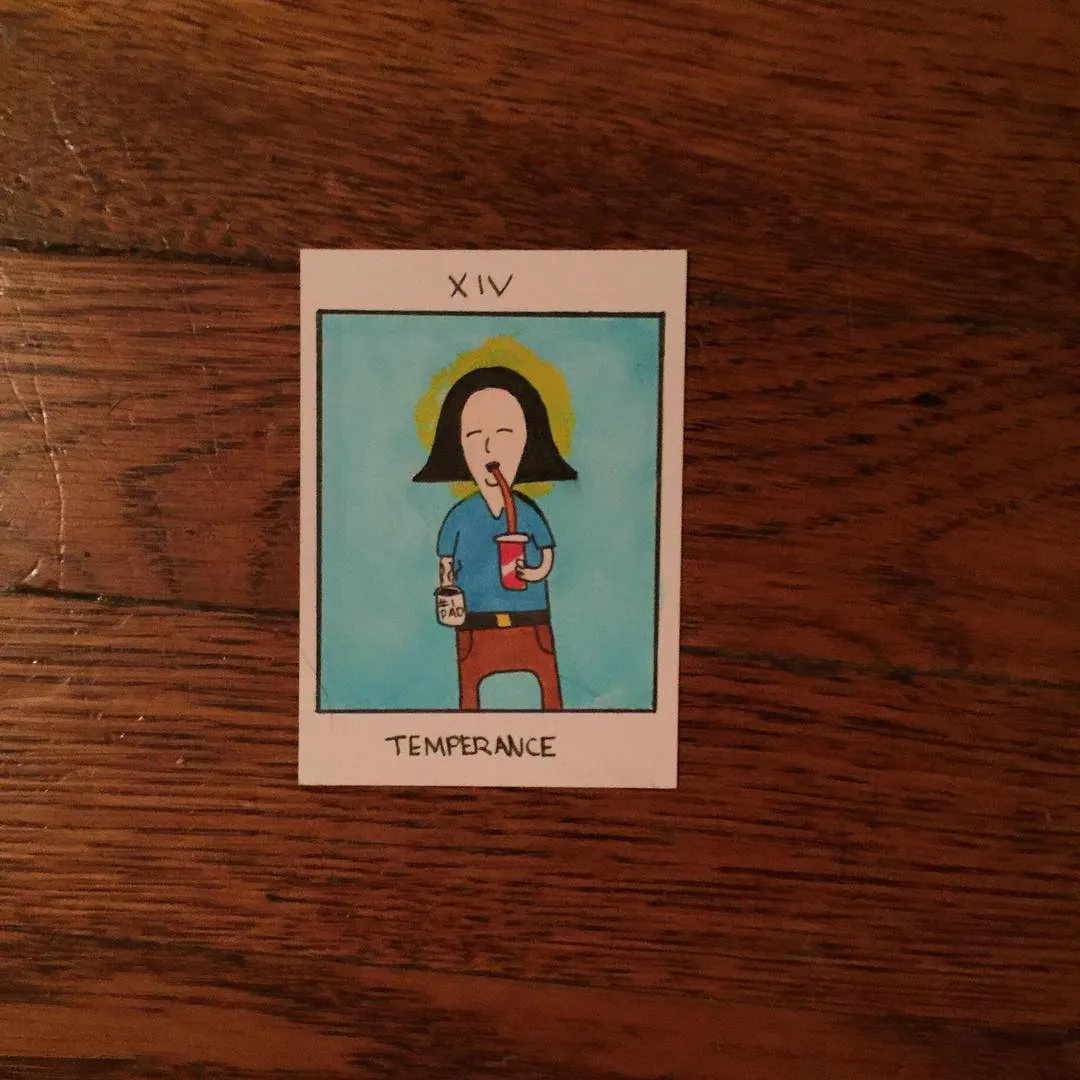 A stylized card illustration features a person with dark hair drinking from a cup against a light blue background, with the Roman numeral XIV and the word TEMPERANCE printed below the figure.