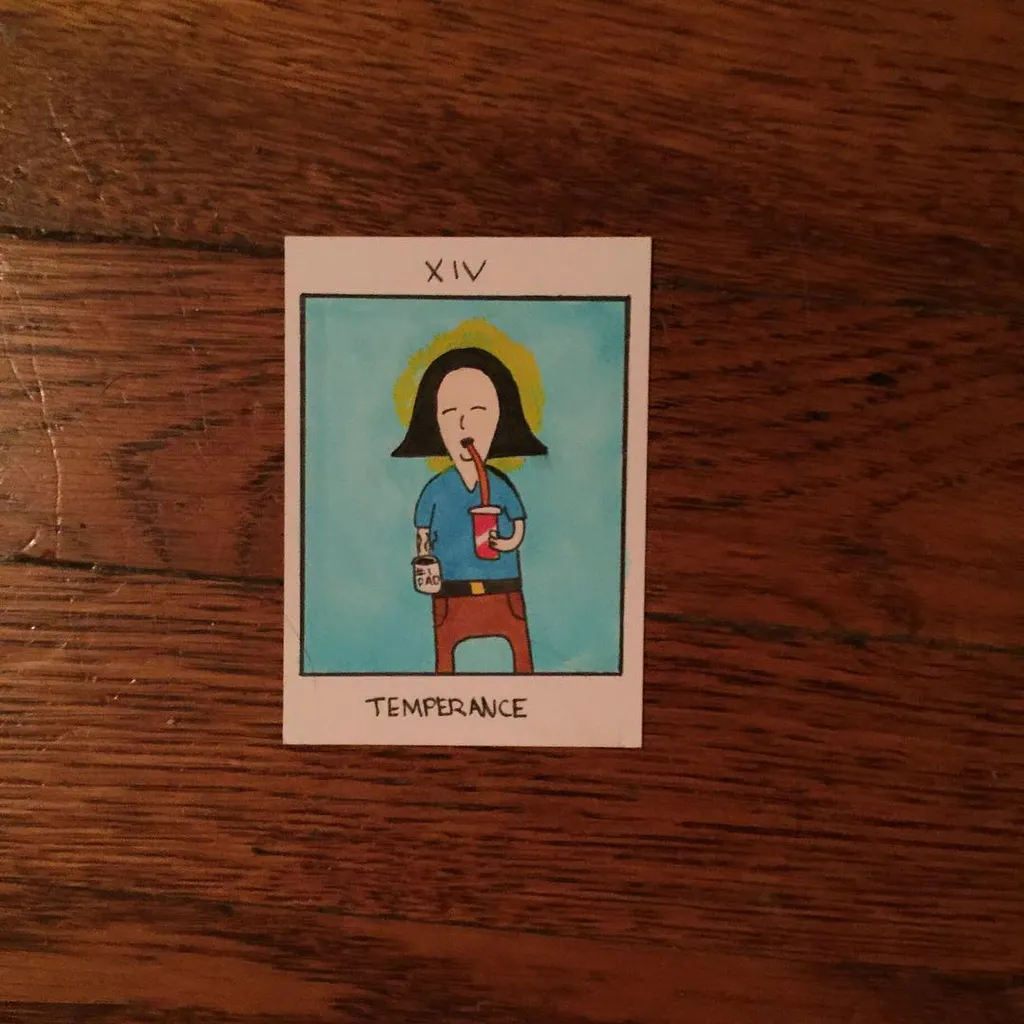 A stylized card illustration features a person with dark hair drinking from a cup against a light blue background, with the Roman numeral XIV and the word TEMPERANCE printed below the figure.