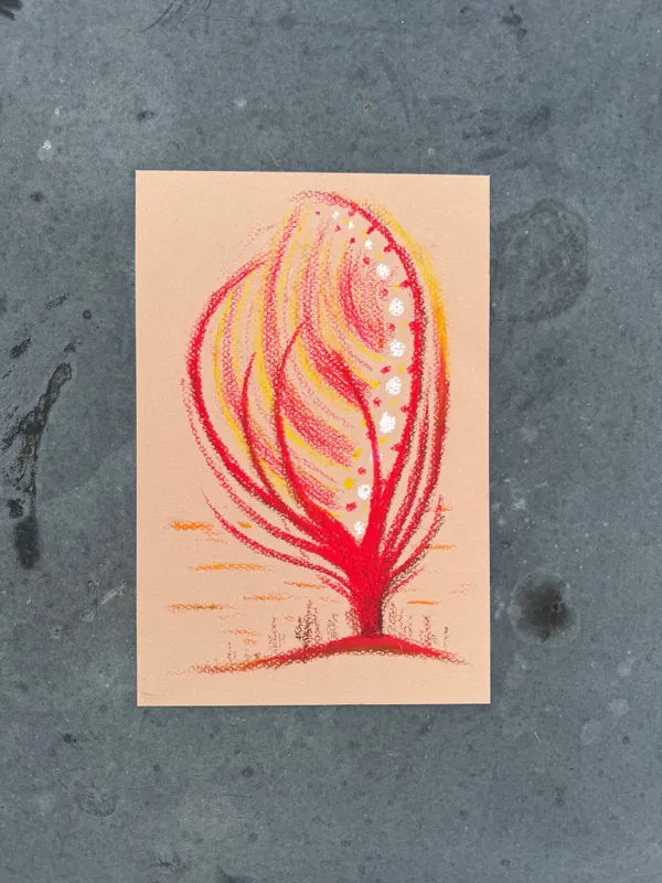 A stylized, vertical drawing of a plant features a deep red base and radiating yellow and orange strokes, accented by small white spots, all set against a pale background.
