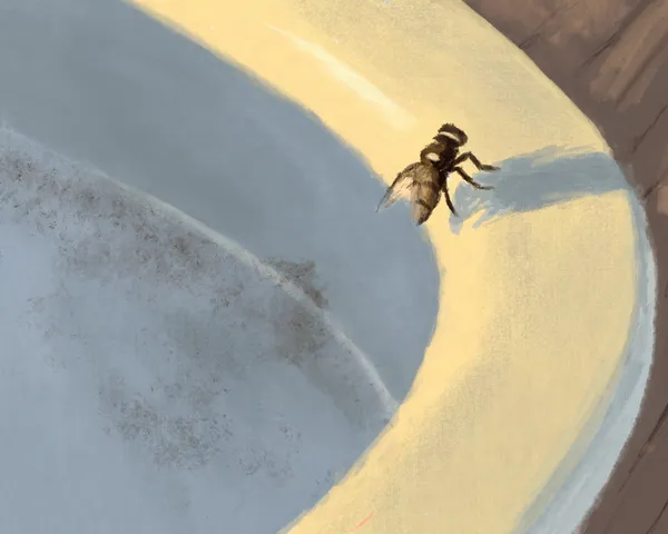 A small dark insect rests on a curved path of creamy yellow and tan, bordered by a mottled dusty blue-gray area on the left and a dark brown edge on the right.