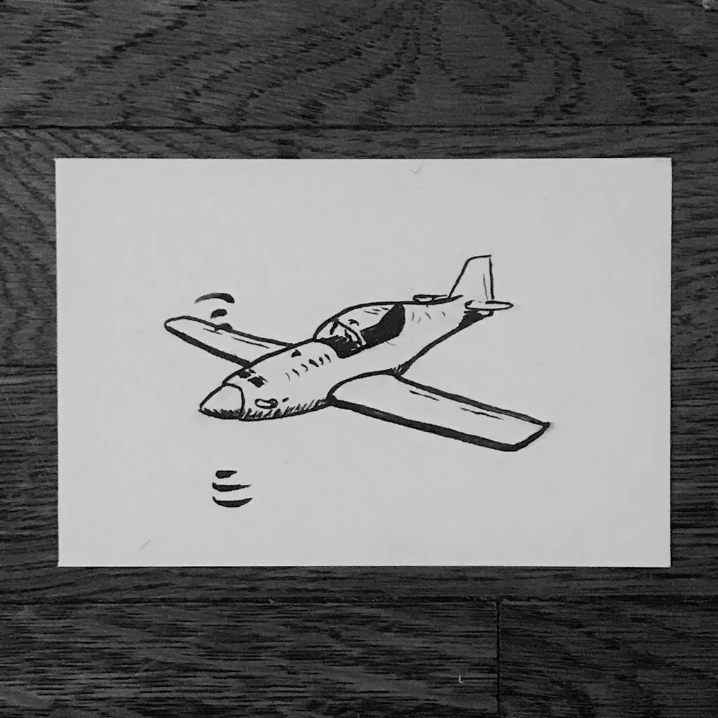 A simple line drawing of a stylized airplane flying horizontally across white paper, accompanied by curved lines indicating motion beneath its wings.