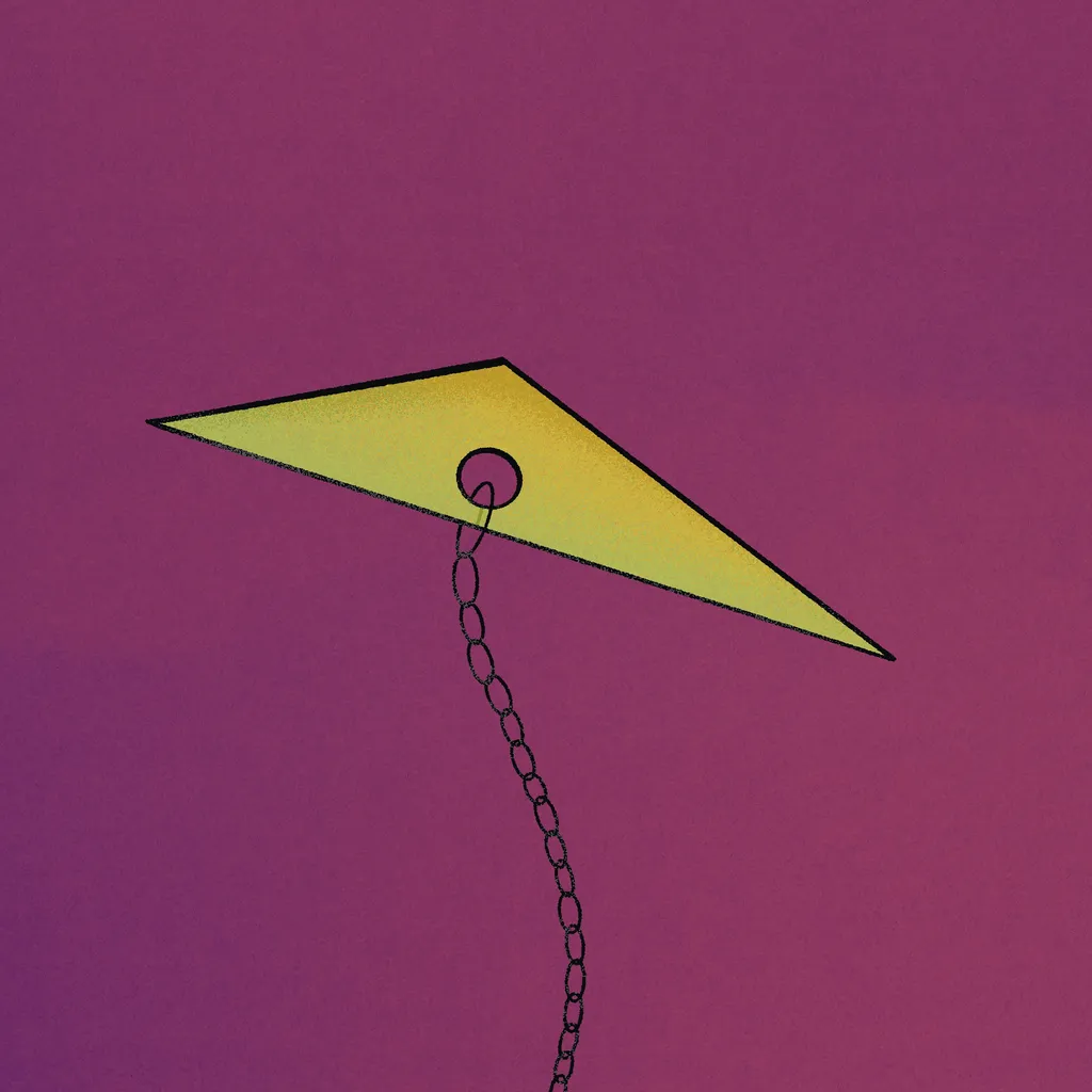 A yellow, outlined, triangular shape is positioned on a solid purple background, attached to a black chain that drops vertically below it.