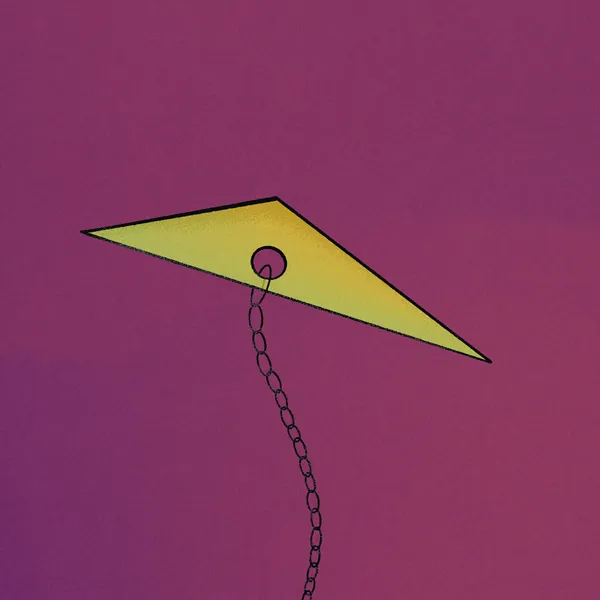 A yellow, outlined, triangular shape is positioned on a solid purple background, attached to a black chain that drops vertically below it.