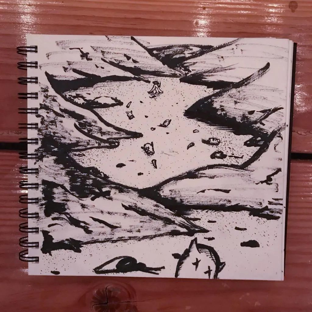 Black charcoal marks form a dynamic, circular pattern across the page, surrounding small figures and two stylized animal heads at the bottom edge.