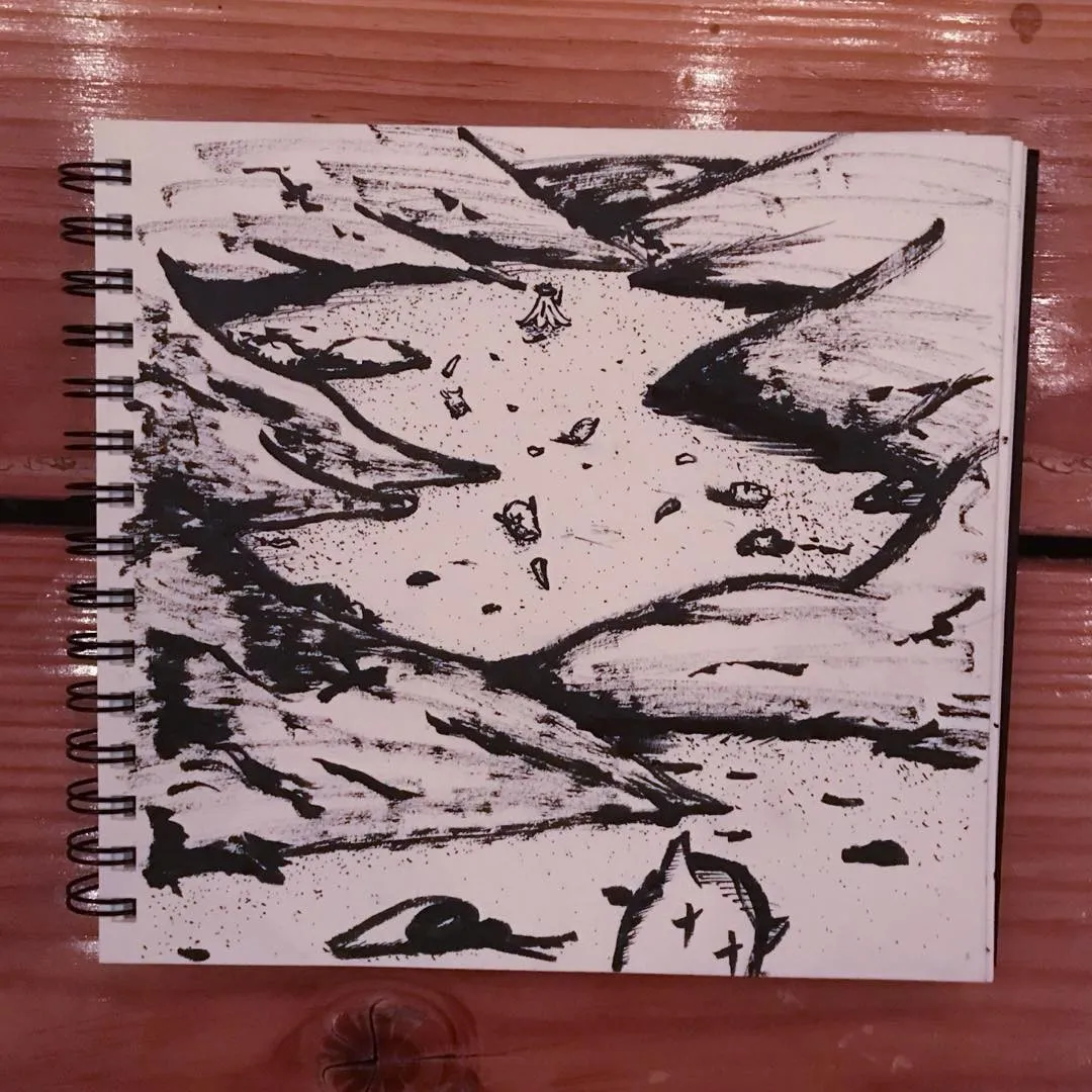 Black charcoal marks form a dynamic, circular pattern across the page, surrounding small figures and two stylized animal heads at the bottom edge.