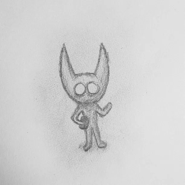 A graphite sketch of a small, stylized creature with pointed ears and large, round eyes, standing in a simple pose against a light background.