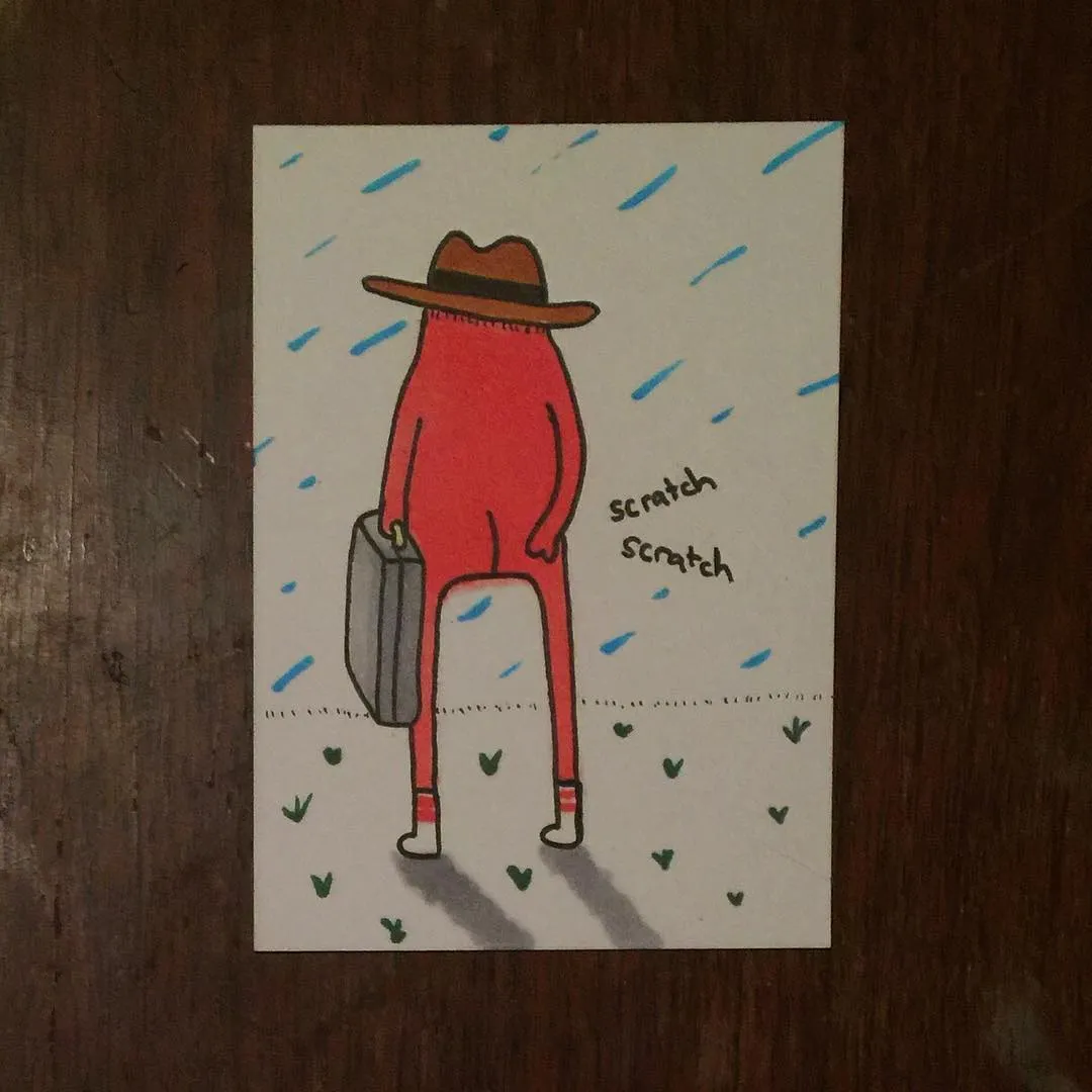 A stylized figure in red and brown stands in the rain, carrying a briefcase; the words scratch and scratch are written on its back, set against blue falling lines and green ground details.