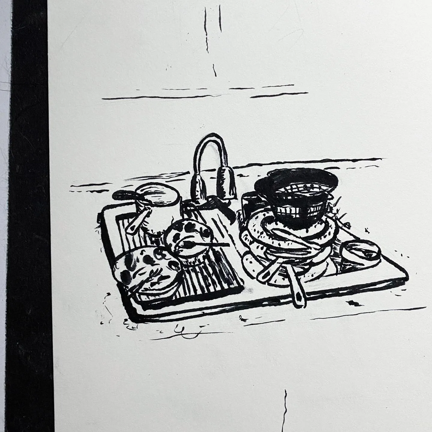 Black and white line drawing of assorted baked goods, a pot, a pitcher, and stacked items arranged on a rectangular tray, sketched on white paper.