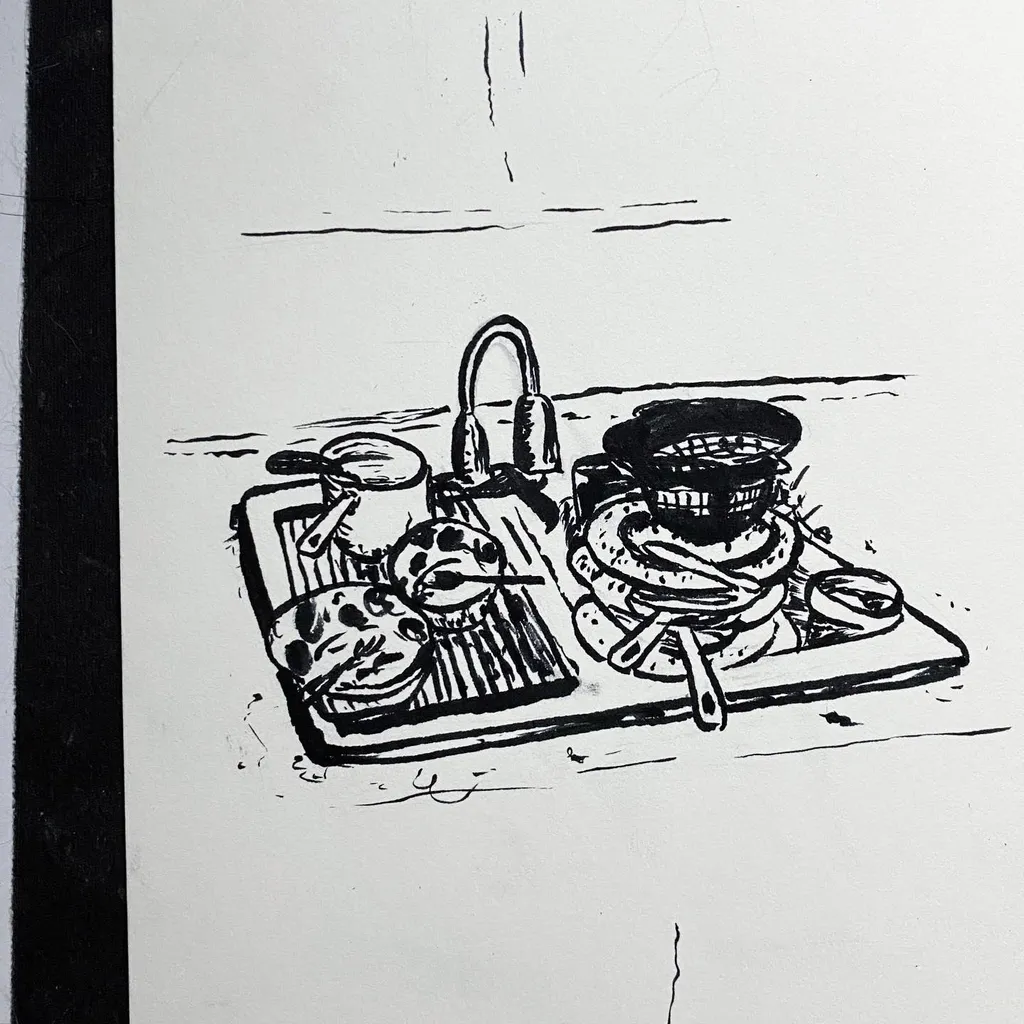 Black and white line drawing of assorted baked goods, a pot, a pitcher, and stacked items arranged on a rectangular tray, sketched on white paper.