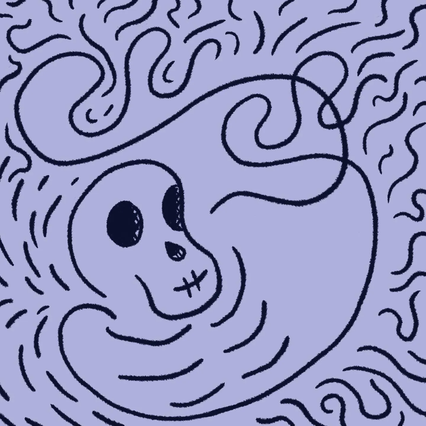 A light purple skull is centered, surrounded by dense, continuous black lines that swirl and fill the entire composition with an abstract, energetic pattern.