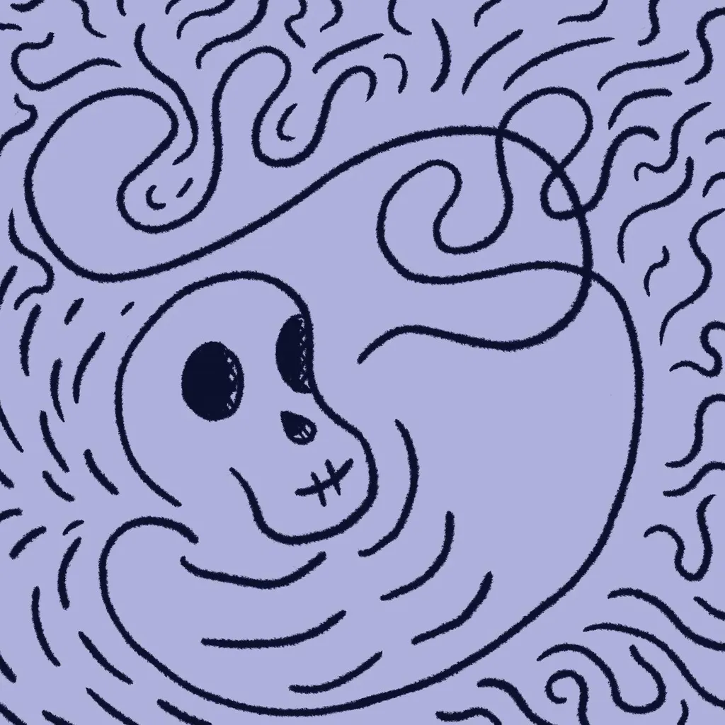 A light purple skull is centered, surrounded by dense, continuous black lines that swirl and fill the entire composition with an abstract, energetic pattern.