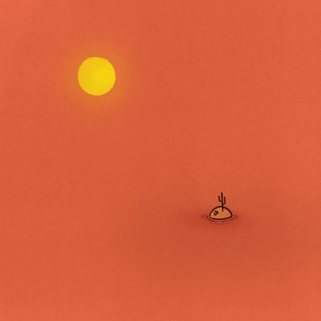 A solid reddish-orange background holds a bright yellow circle in the upper left and a small black line drawing of a cactus on a ripple in the lower right.