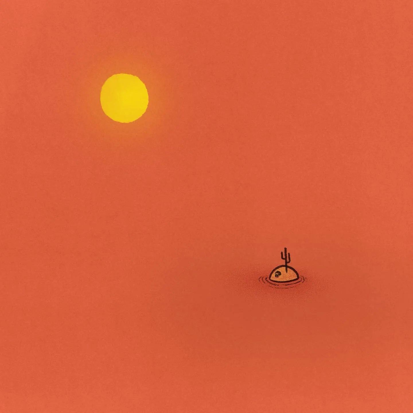 A solid reddish-orange background holds a bright yellow circle in the upper left and a small black line drawing of a cactus on a ripple in the lower right.