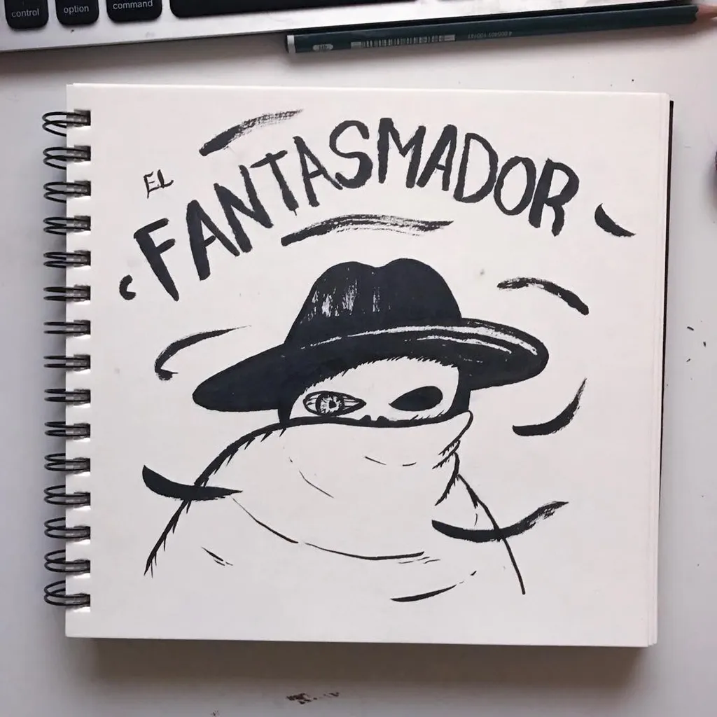 On a white sketchbook page, black ink draws a stylized figure wearing a wide-brimmed hat and scarf, positioned beneath the large, hand-drawn text EL FANTASMADOR.