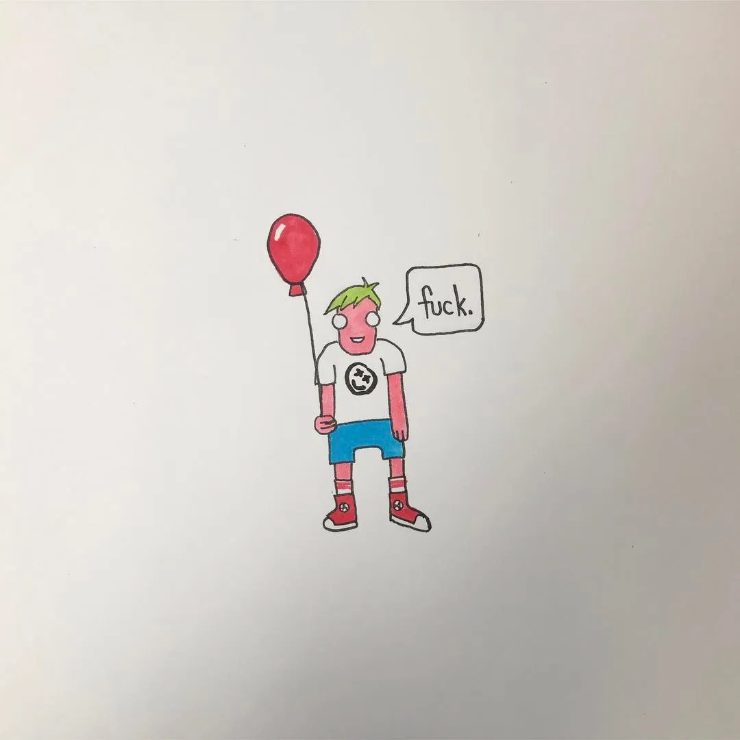 A cartoon drawing shows a person with green hair and blue shorts holding a red balloon, with a speech bubble above the figure's head containing the word fuck.