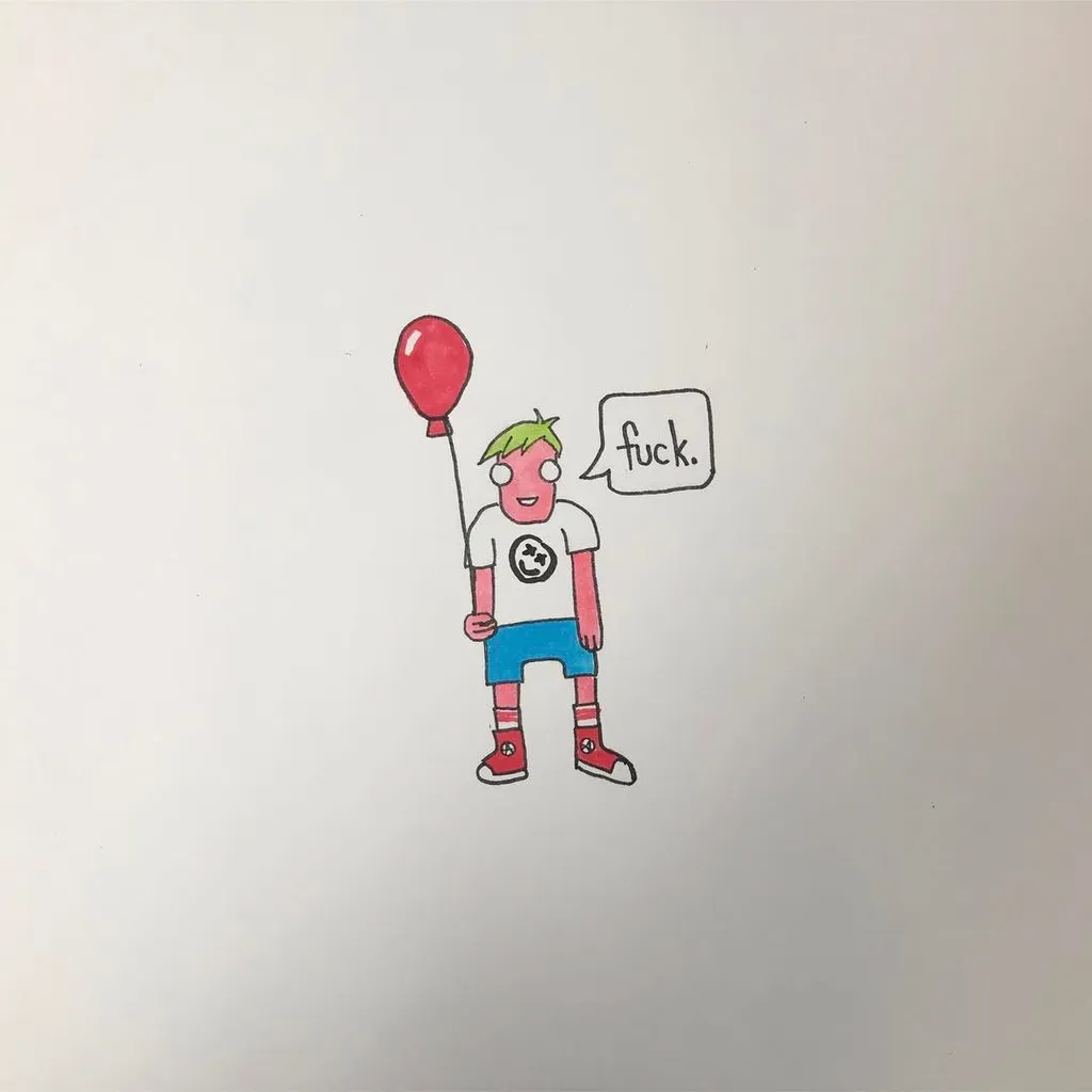 A cartoon drawing shows a person with green hair and blue shorts holding a red balloon, with a speech bubble above the figure's head containing the word fuck.