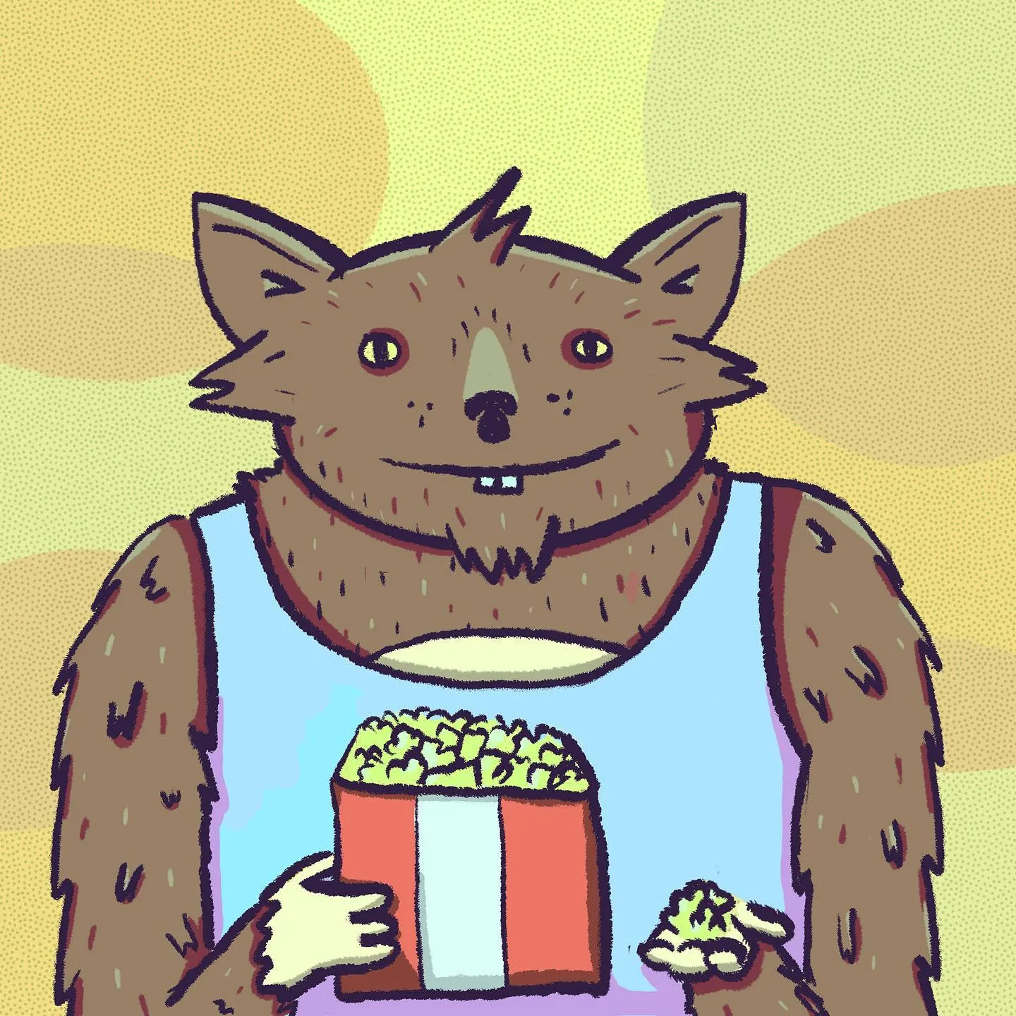 A cartoon fox with brown fur and pointed ears wears a light blue tank top, holding a striped container of yellow popcorn and a small cluster of yellow food against a yellow background.