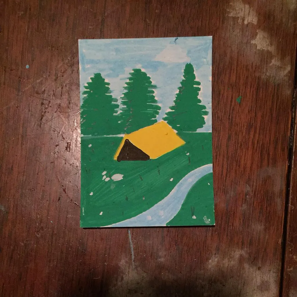 A simple landscape painting featuring a yellow tent in a grassy field, flanked by three dark green trees, with a winding blue path leading through the foreground under a light blue sky.