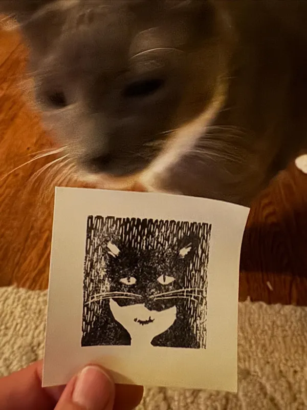 A hand displays a black and white, stippled drawing of a cat's face over a blurred photograph of a gray cat.