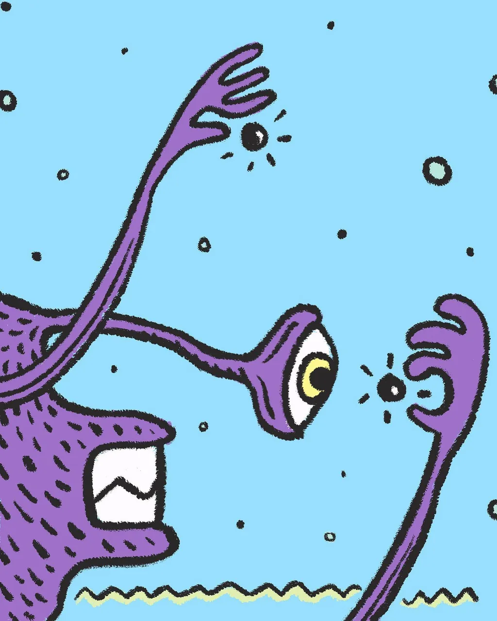 Purple, stylized appendages with large yellow eyes reach across a light blue background, featuring a monstrous mouth on the left and a second appendage on the right, above a wavy water line.