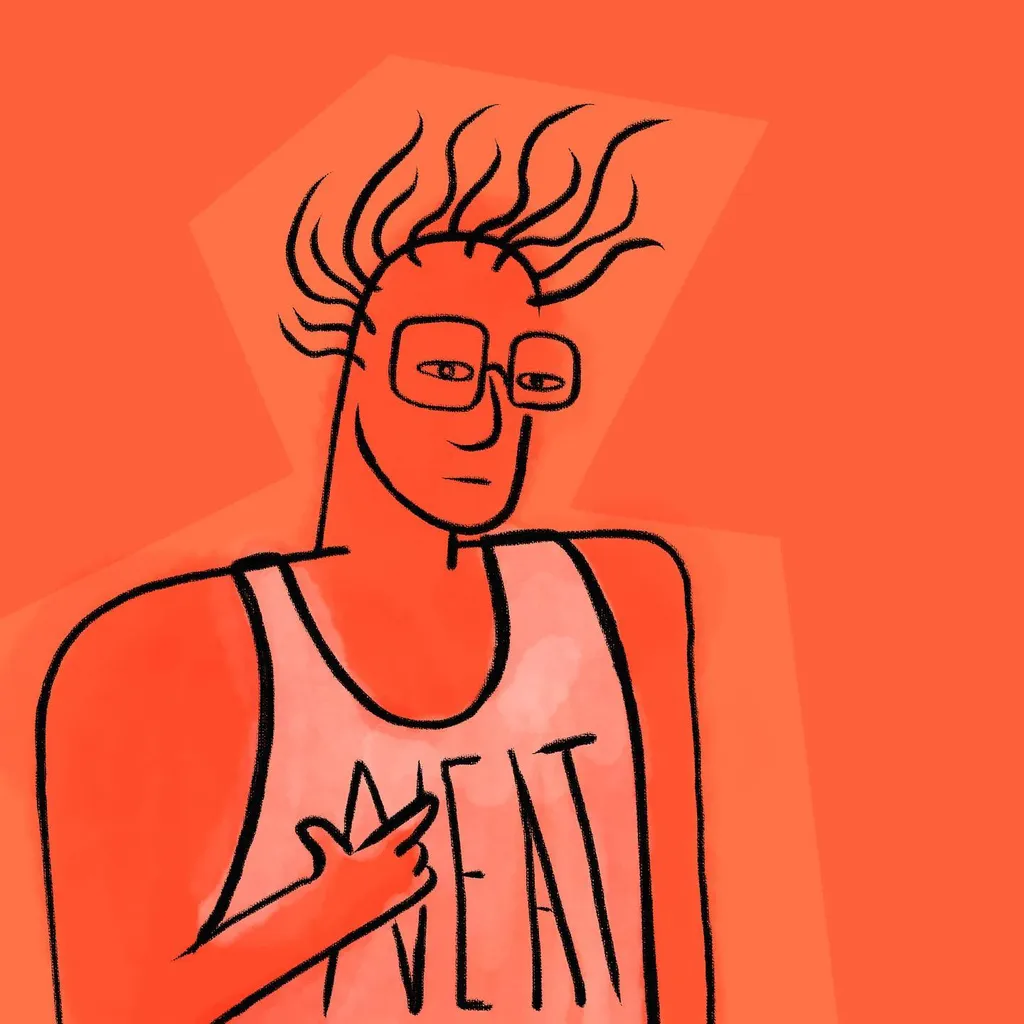 A sketchy, stylized portrait of a person with spiky hair and glasses, wearing a tank top with visible letters, set against a solid orange background with geometric shapes.