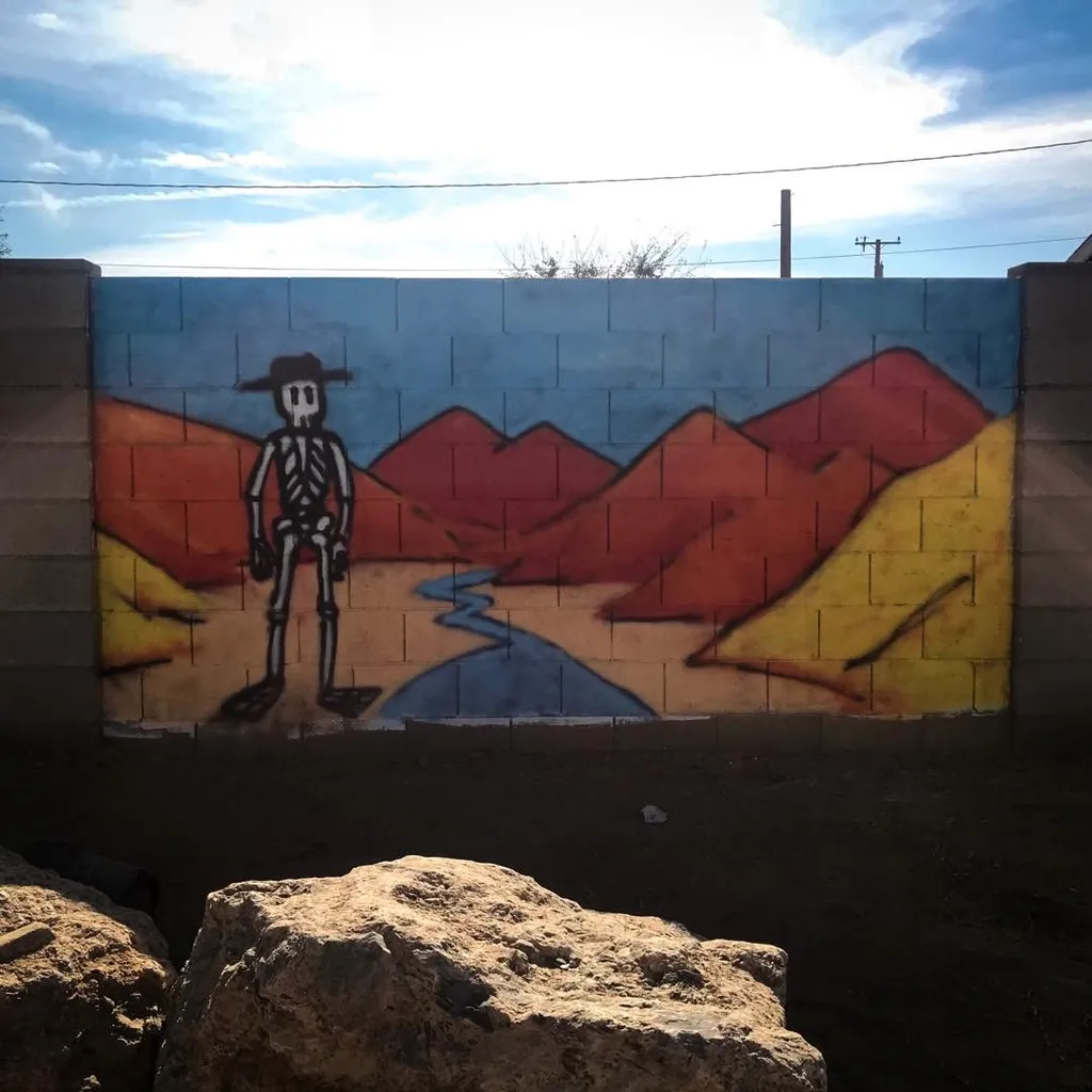 A mural painted on a wall features a stylized skeleton figure wearing a hat, standing before a landscape of layered red, orange, and yellow mountains with a blue river winding through them.