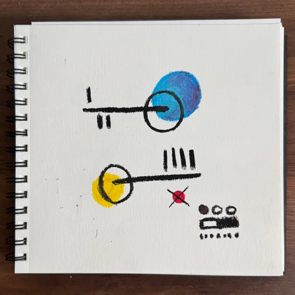 Two abstract compositions on white paper feature black lines connecting colored circles (yellow and blue) and include symbols like a red X and a row of black dots.
