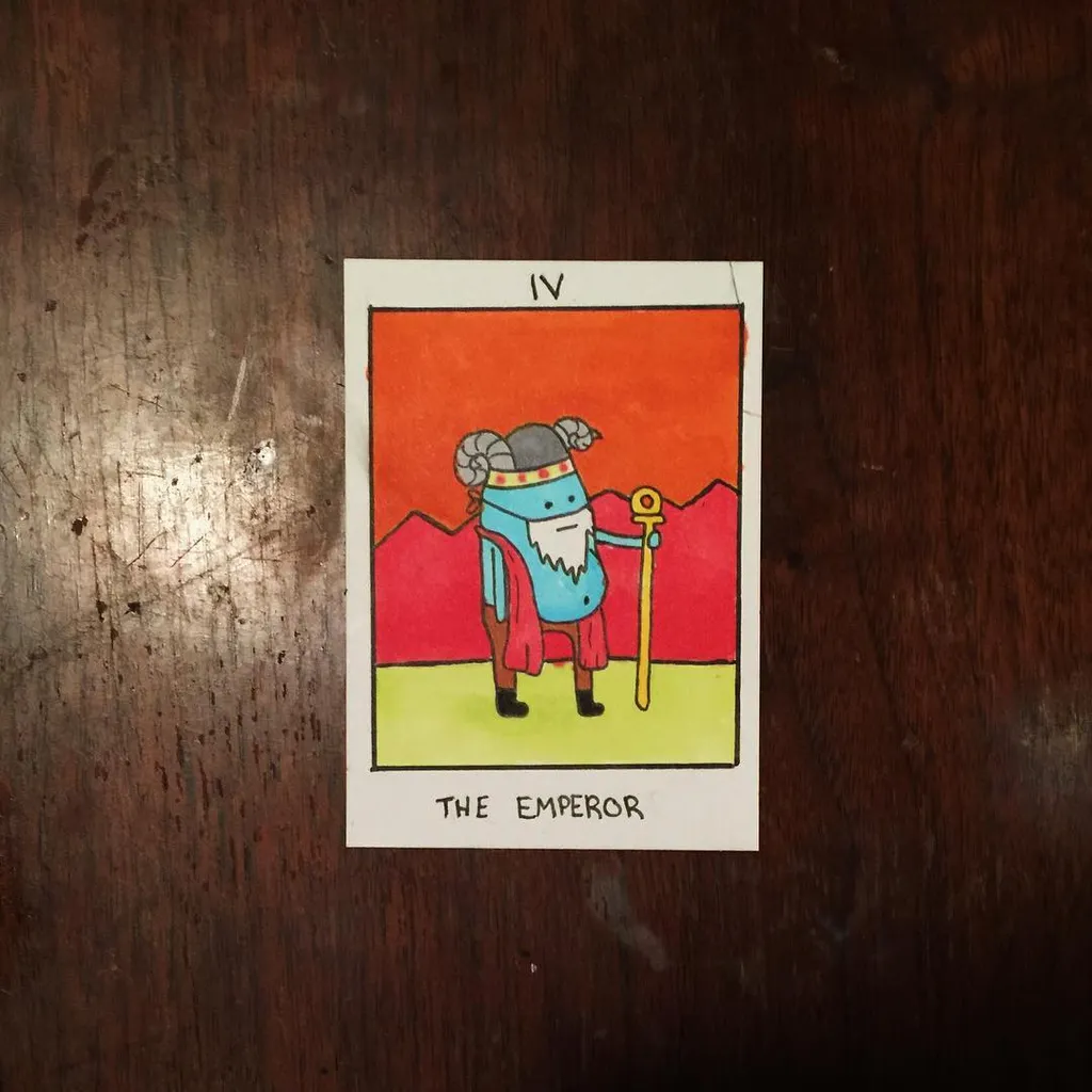 The card shows a stylized Emperor figure with a beard and crown, dressed in blue and red, holding a staff, set against a background of orange sky and red mountains.