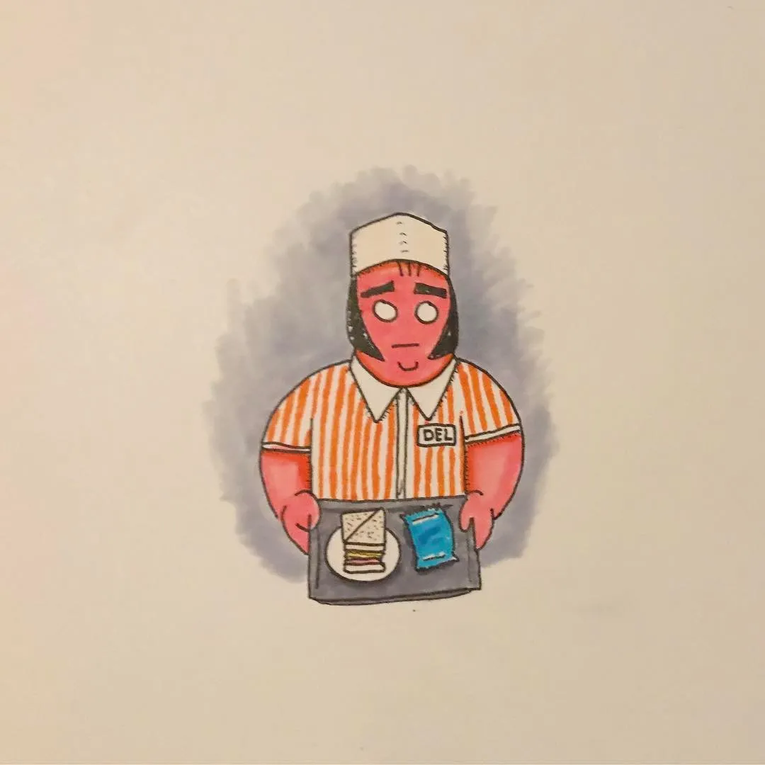 A stylized drawing of a man with red cheeks, wearing a striped orange and white shirt and white cap, who holds a tray containing a stack of light pastries and a blue item.