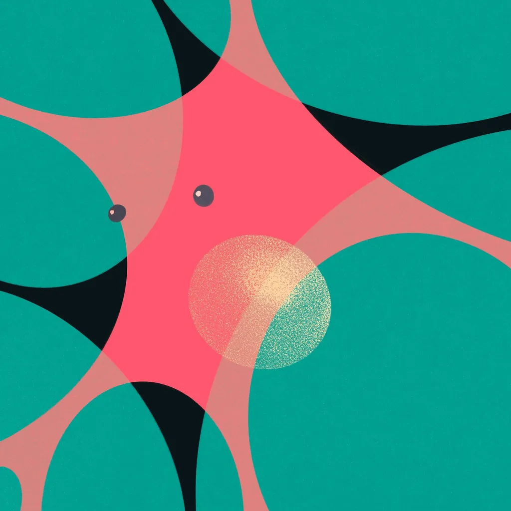Abstract composition featuring overlapping teal, coral pink, and black shapes, centered on a speckled gold circle and two dark dots.