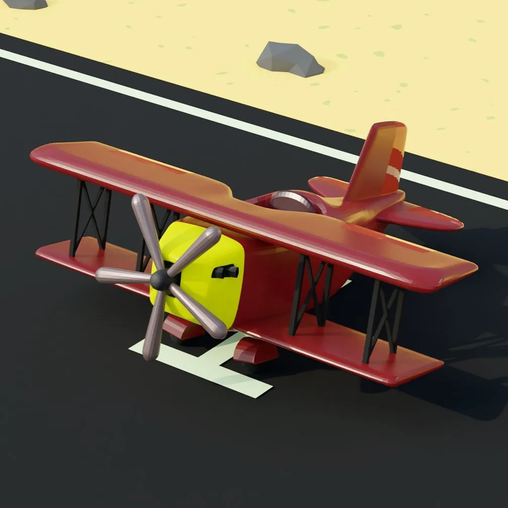A stylized red and yellow biplane with a dark propeller rests on a dark gray surface, set against a lighter yellow background scattered with small gray rocks.