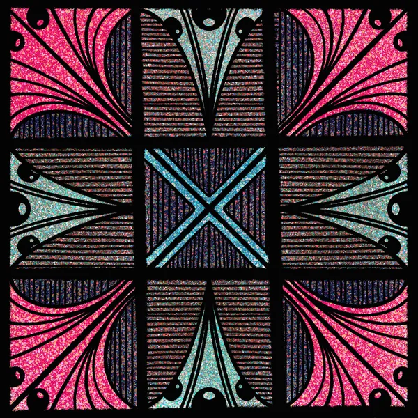A nine-panel grid of abstract, glittery patterns featuring swirls and geometric shapes in pink, purple, teal, and silver.