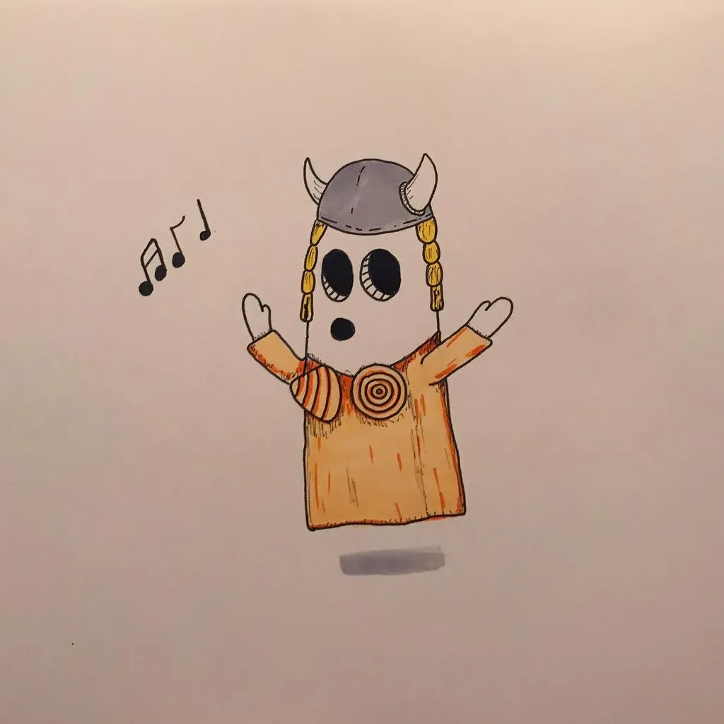 A cartoon drawing of a stylized figure wearing a helmet and yellow tunic, standing against a plain background with musical notes floating to the left.