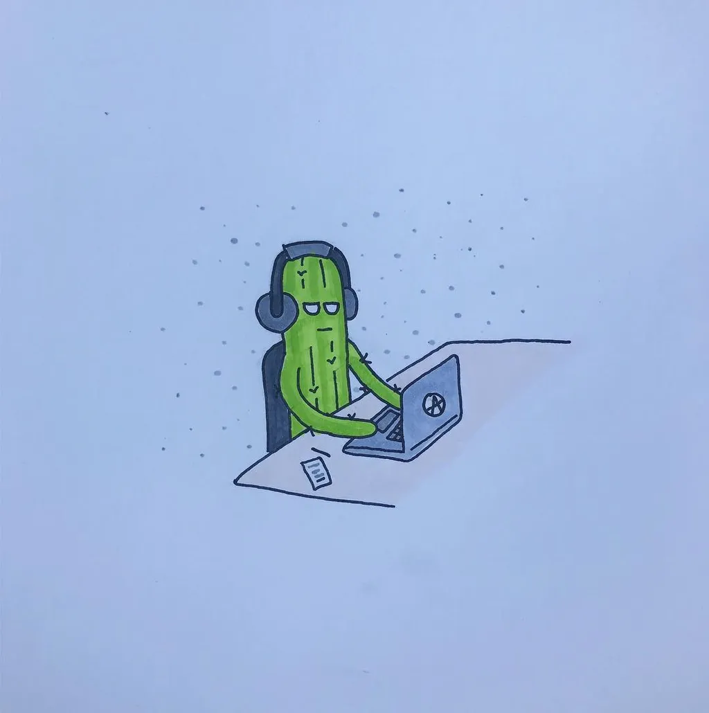 A green, cartoon cactus character sits at a desk, wearing large headphones and operating a laptop computer.