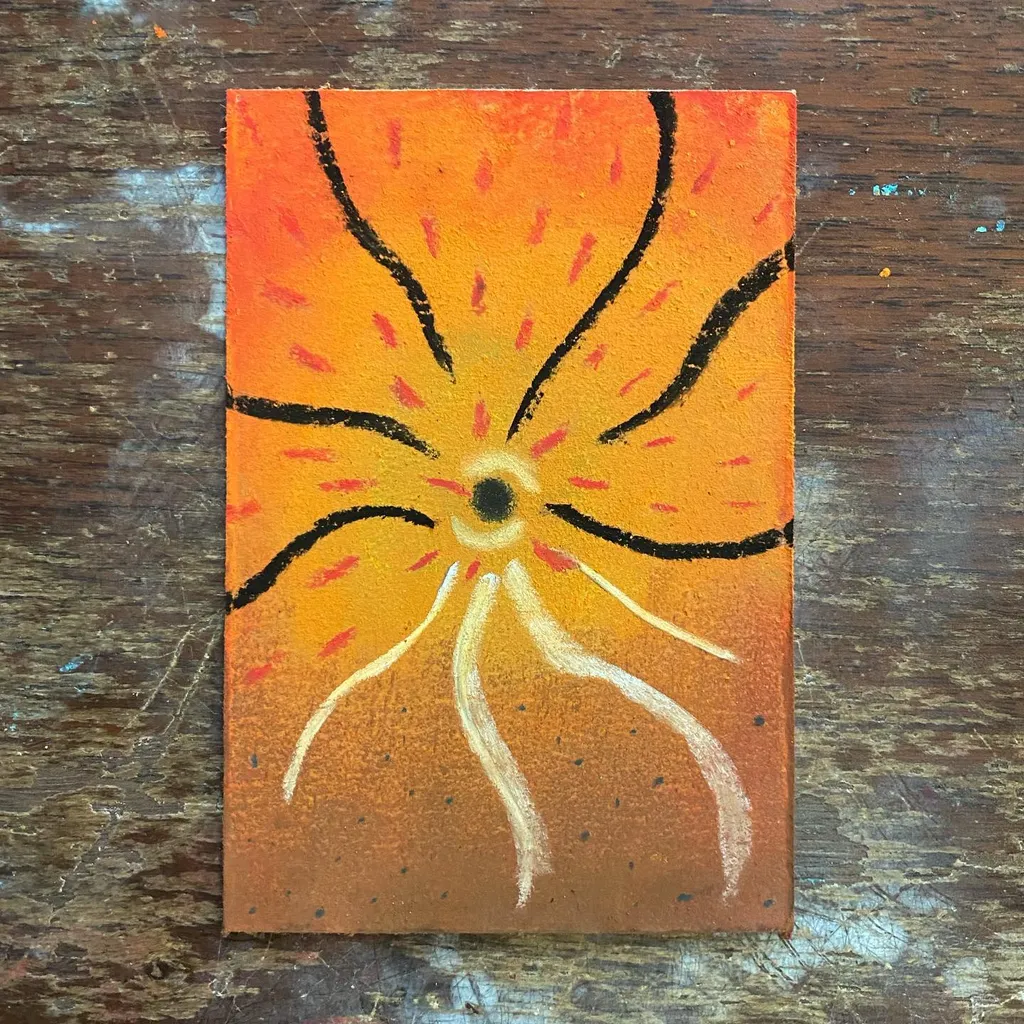A rectangular abstract composition features a radial design of thick black and thin white lines radiating from a central point against a gradient background of orange and brown.