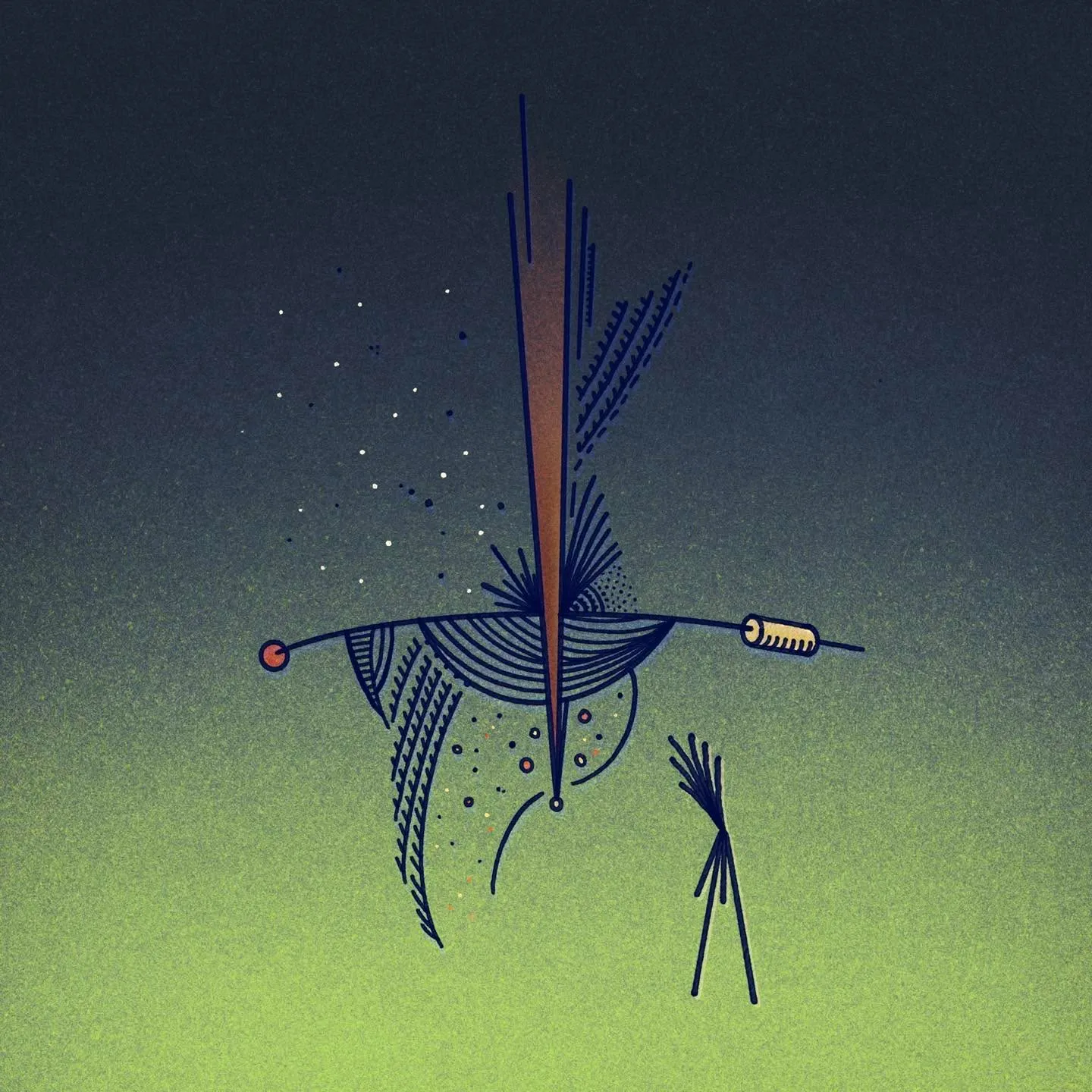 Abstract drawing on a dark teal to lime green gradient background, featuring a central vertical beam intersecting a horizontal body, small circles, and a stick-like figure.