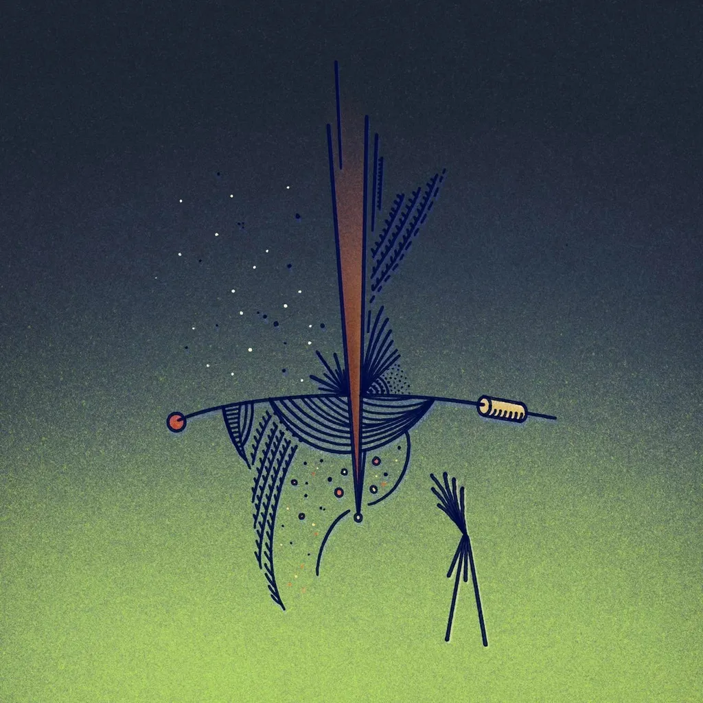 Abstract drawing on a dark teal to lime green gradient background, featuring a central vertical beam intersecting a horizontal body, small circles, and a stick-like figure.