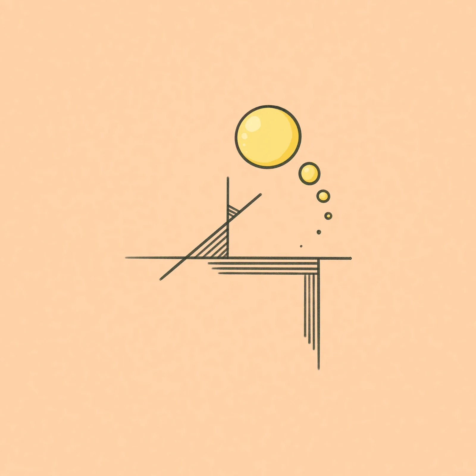 Simple abstract drawing on a tan background featuring a horizontal line, intersecting lines on the left, and three yellow circles of diminishing size floating above the surface.