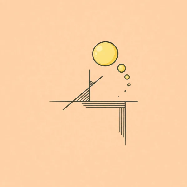 Simple abstract drawing on a tan background featuring a horizontal line, intersecting lines on the left, and three yellow circles of diminishing size floating above the surface.