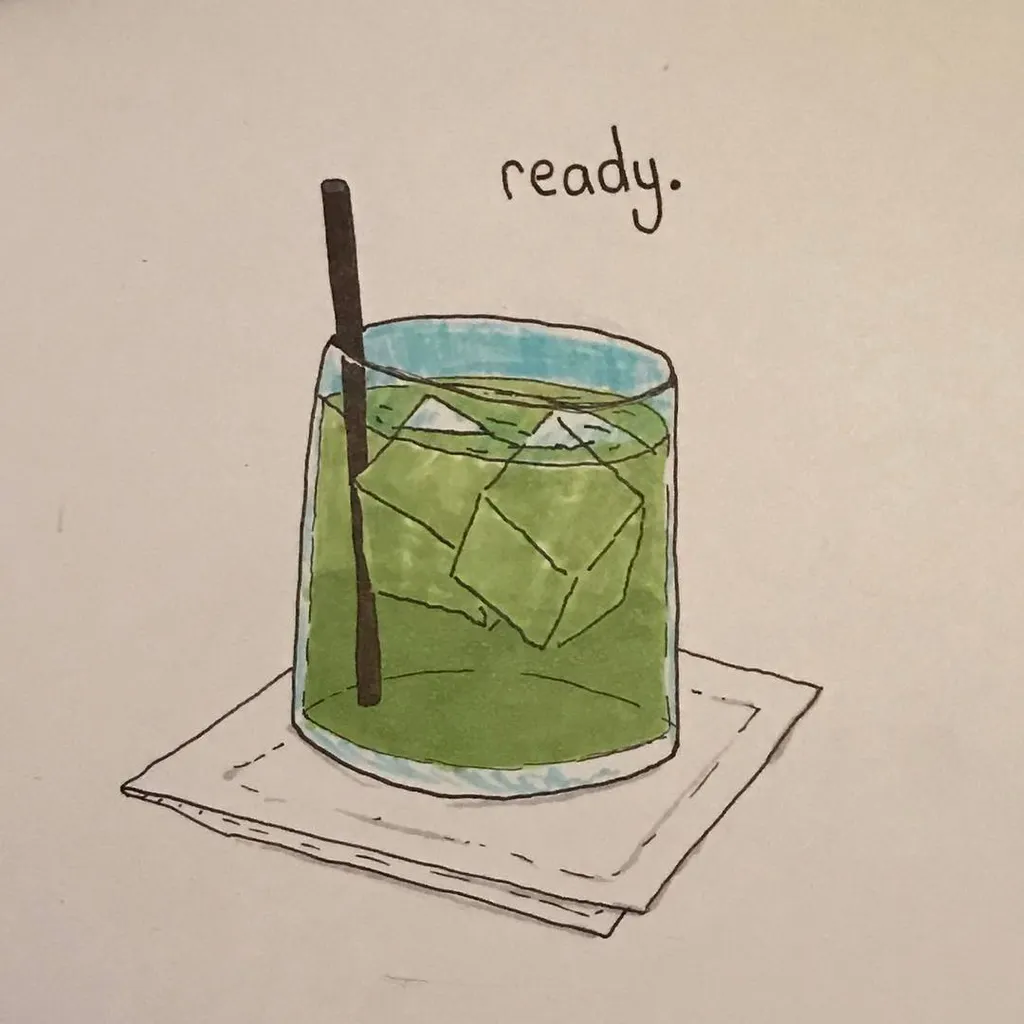 A drawing of a green beverage with ice cubes and a black straw in a glass resting on a coaster, accompanied by the handwritten text ready.