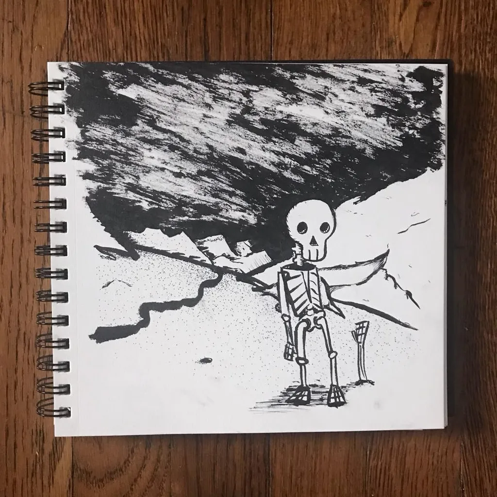 A black and white drawing shows a standing skeleton in a desolate landscape beneath a massive, heavily textured dark cloud that dominates the upper half of the composition.