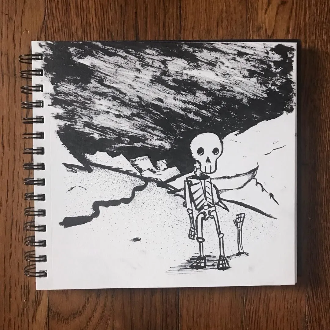 A black and white drawing shows a standing skeleton in a desolate landscape beneath a massive, heavily textured dark cloud that dominates the upper half of the composition.